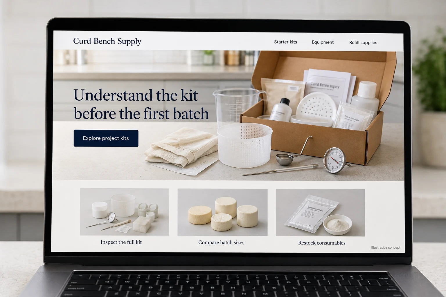 Wisconsin website concept for Curd Bench Supply: Understand the kit before the first batch