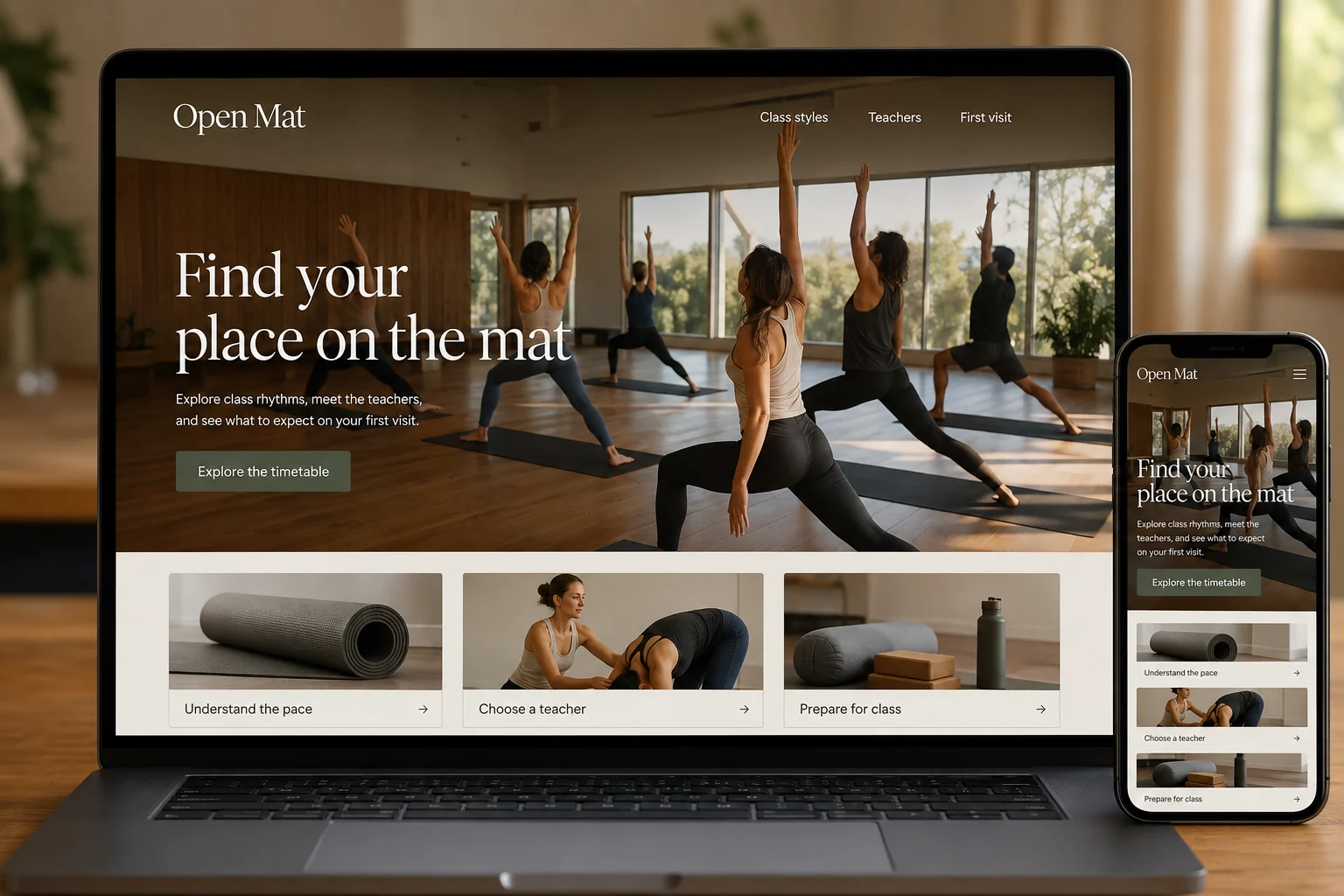 Yoga Studios website concept for Open Mat: Find your place on the mat