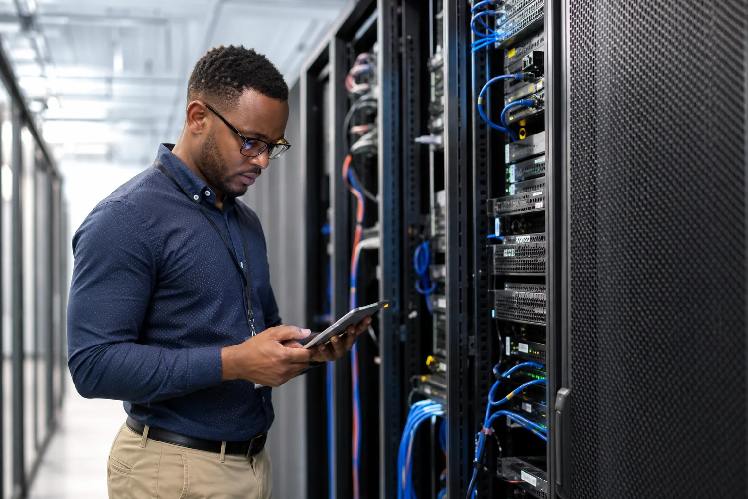 Hosting engineer inspecting server equipment with a tablet